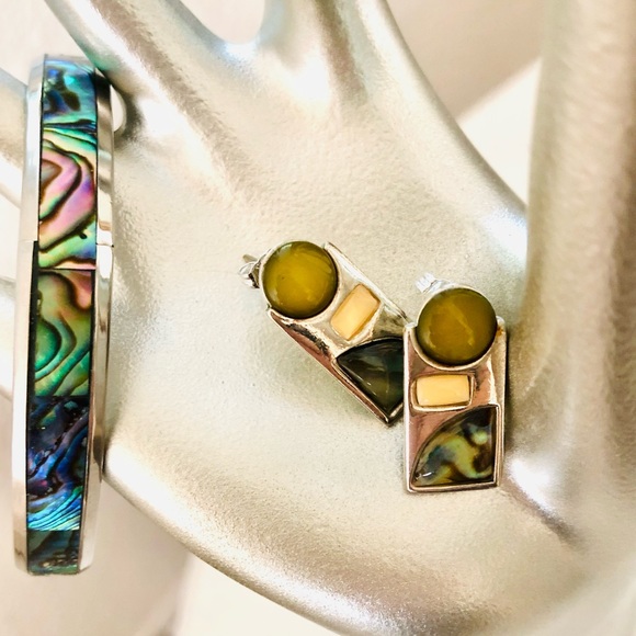 Vintage Abalone Earrings & Bangle Bracelet - Picture 1 of 12